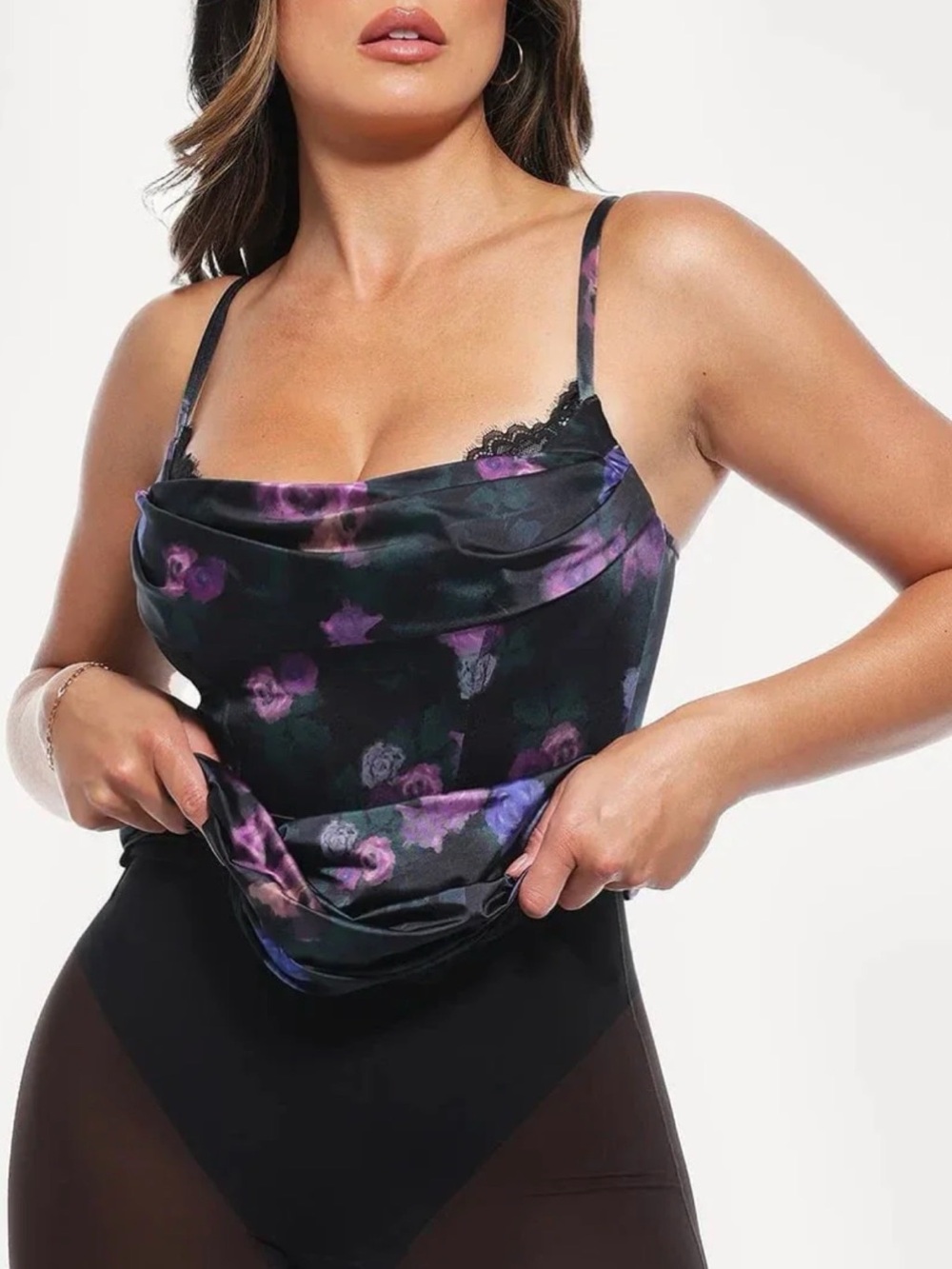 Popilush Satin Floral Slip Dress with Cowl Neck in Black & Purple. - Picture 4 of 5